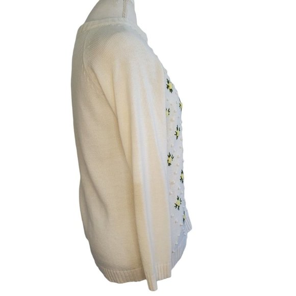 Vintage 60s Ivory‎ Floral Embroidered Popcorn Cardigan Sweater Sz Medium - Picture 2 of 9